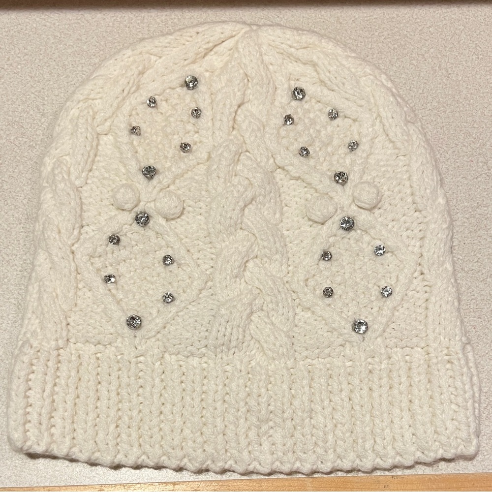 Beanie merino wool Crochet knit fabric with crystal embellishment